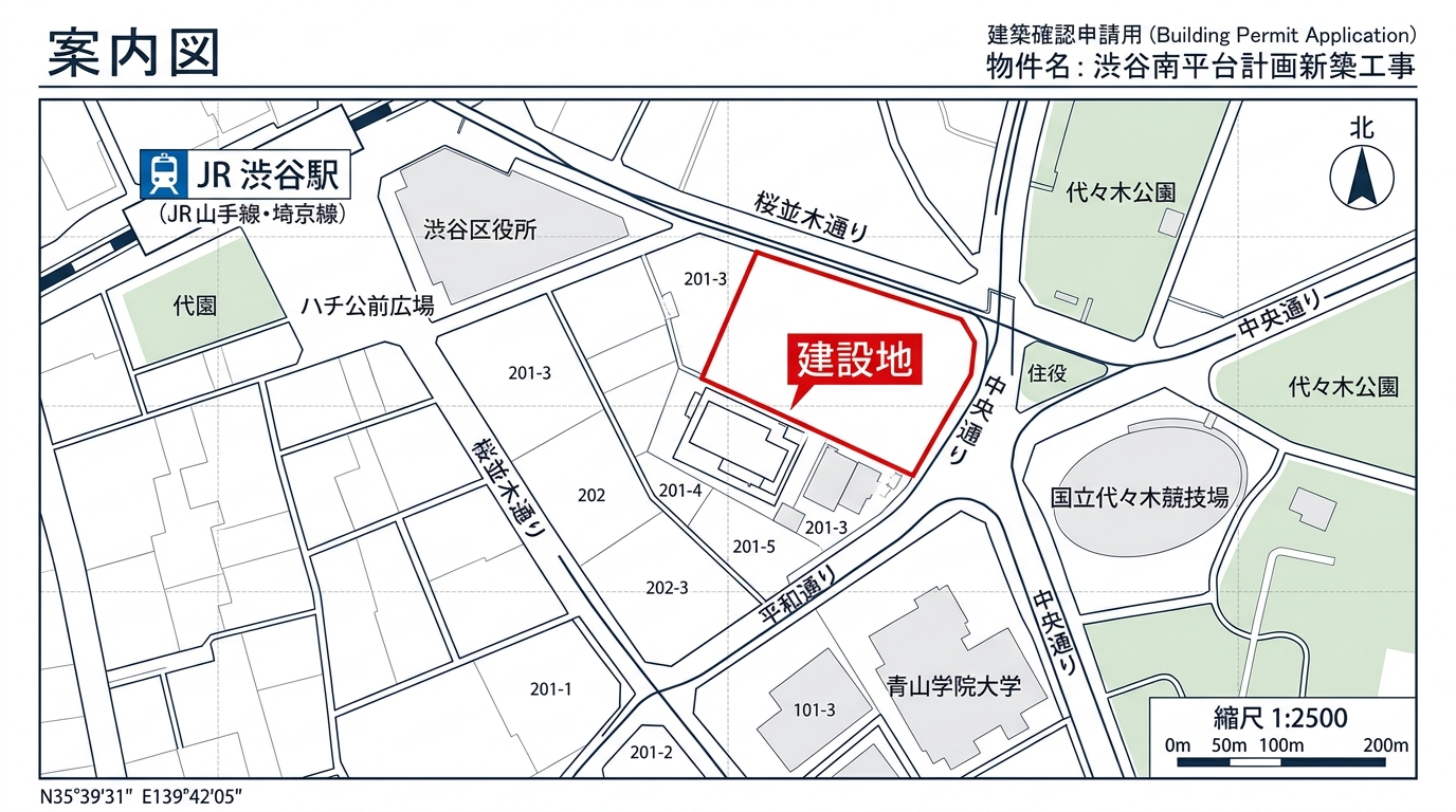 確認申請用 スマート案内図 サンプル (方位・縮尺・境界線・駅名)